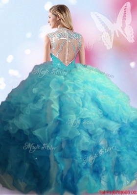 Latest High Neck Beaded and Ruffled Turquoise and Teal Quinceanera Dress