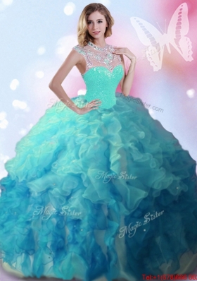 Latest High Neck Beaded and Ruffled Turquoise and Teal Quinceanera Dress