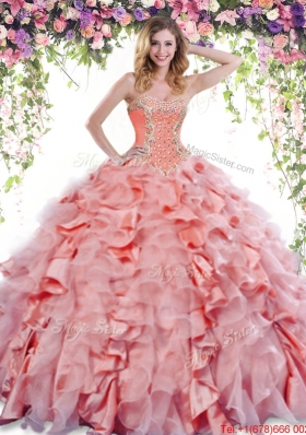 Lovely Puffy Skirt Ruffled and Beaded Orange Red Quinceanera Dress