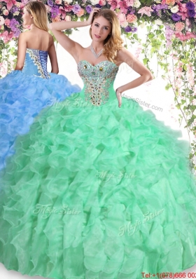 Modern Beaded and Ruffled Apple Green Quinceanera Dress in Organza