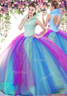 Modern Beaded High Neck Tulle Quinceanera Dress in Rainbow