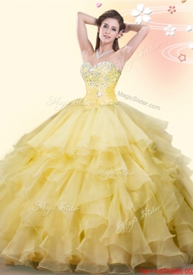 Modern Puffy Skirt Yellow Quinceanera Dress with Beading and Ruffles