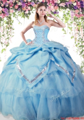 New Baby Blue Organza Quinceanera Dress with Beading and Bubbles