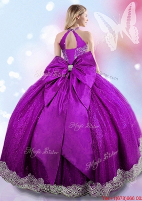 New Style Halter Top Beaded and Bowknot Sweet 16 Dress in Taffeta