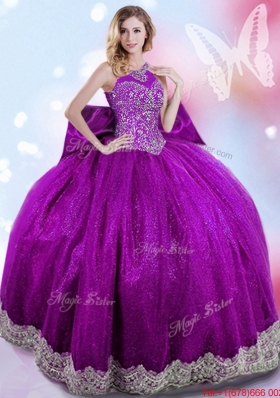 New Style Halter Top Beaded and Bowknot Sweet 16 Dress in Taffeta