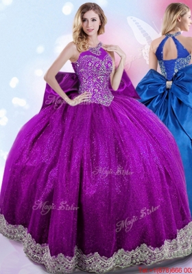 New Style Halter Top Beaded and Bowknot Sweet 16 Dress in Taffeta