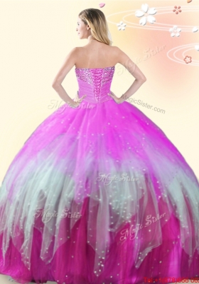 Perfect Puffy Skirt Beaded Tulle Rainbow Colored Quinceanera Dress