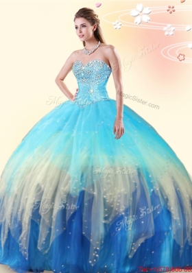 Perfect Puffy Skirt Beaded Tulle Rainbow Colored Quinceanera Dress