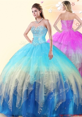 Perfect Puffy Skirt Beaded Tulle Rainbow Colored Quinceanera Dress
