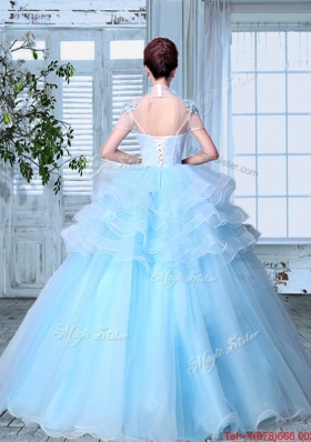 Popular Applique and Ruffled Layers High Neck Light Blue Quinceanera Gown with Short Sleeves