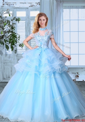 Popular Applique and Ruffled Layers High Neck Light Blue Quinceanera Gown with Short Sleeves