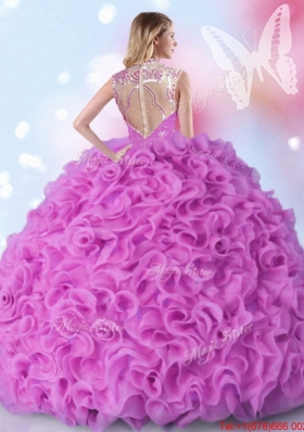 Popular Ruffled and Beaded Fuchsia Quinceanera Dress with High Neck