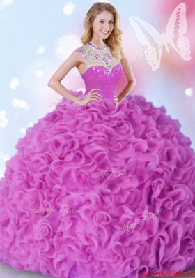 Popular Ruffled and Beaded Fuchsia Quinceanera Dress with High Neck