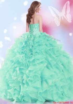 Pretty Beaded and Ruffled Apple Green Quinceanera Dress in Organza