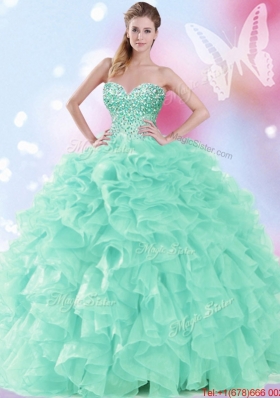 Pretty Beaded and Ruffled Apple Green Quinceanera Dress in Organza