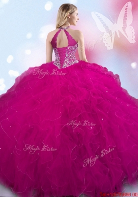 Simple Fuchsia Halter Top Quinceanera Gown with Beading and Ruffles