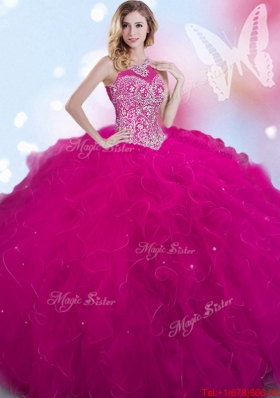 Simple Fuchsia Halter Top Quinceanera Gown with Beading and Ruffles