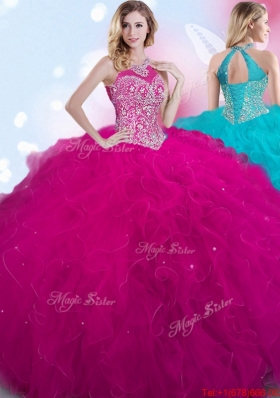 Simple Fuchsia Halter Top Quinceanera Gown with Beading and Ruffles