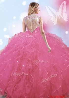 Affordable Big Puffy Beaded and Ruffled High Neck Quinceanera Dress