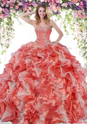 Affordable Organza Beaded Sweet 15 Dress in Rust Red and White
