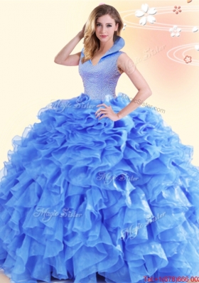 Affordable Ruffled and Beaded High Neck Quinceanera Dress with Backless