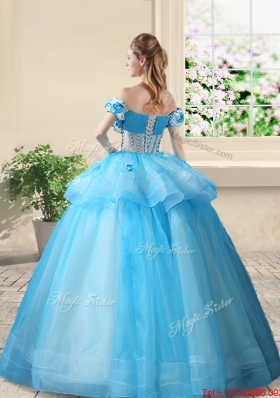 Best Selling Off the Shoulder Baby Blue Quinceanera Gown with Appliques and Beading