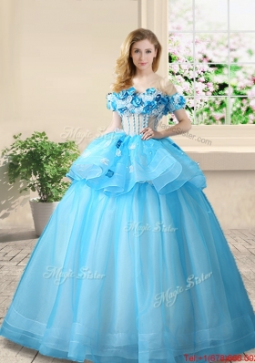 Best Selling Off the Shoulder Baby Blue Quinceanera Gown with Appliques and Beading
