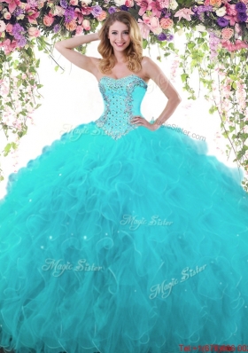 Discount Ball Gown Sweetheart Beaded and Ruffled Teal Quinceanera Dress