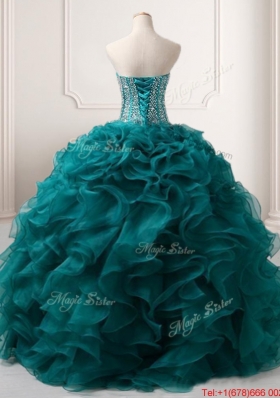 Discount Big Puffy Beaded and Ruffled Detachable Quinceanera Gown in Teal