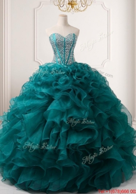 Discount Big Puffy Beaded and Ruffled Detachable Quinceanera Gown in Teal