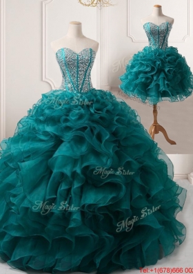 Discount Big Puffy Beaded and Ruffled Detachable Quinceanera Gown in Teal