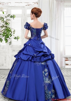 Discount Taffeta Applique and Bubble Bowknot Quinceanera Gown in Royal Blue