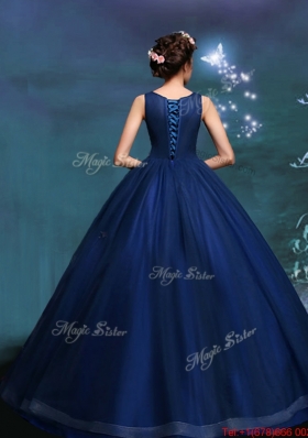 Exclusive Navy Blue Scoop Quinceanera Gown with Applique Decorated Bodice