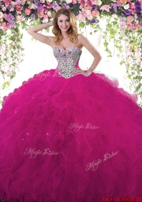 Exquisite Beaded and Ruffled Fuchsia Sweet 16 Dress in Tulle