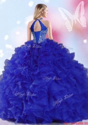 Gorgeous Beaded and Ruffled Royal Blue Quinceanera Dress with Halter Top