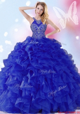 Gorgeous Beaded and Ruffled Royal Blue Quinceanera Dress with Halter Top