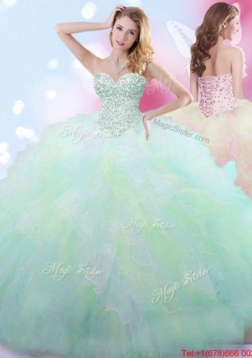 Gorgeous Ruffled and Beaded Rainbow Quinceanera Dress in Tulle
