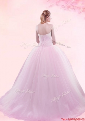 Hot Sale Brush Train Baby Pink Quinceanera Gown with Bowknot and Ruching