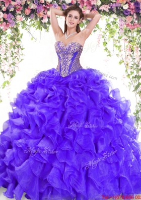 Hot Sale Brush Train Ruffled and Beaded Organza Quinceanera Dress for 2017