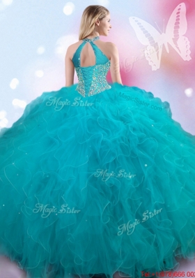 Inexpensive Beaded and Ruffled Teal Quinceanera Dress with Halter Top