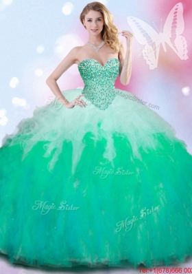 Inexpensive Beaded Bodice and Ruffled Gradient Color Quinceanera Gown
