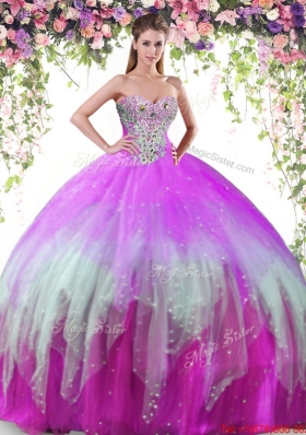 Inexpensive Big Puffy Rainbow Tulle Sweet 16 Dress with Beading