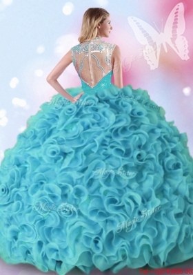 Latest Beaded and Ruffled High Neck Quinceanera Dress in Aquamarine