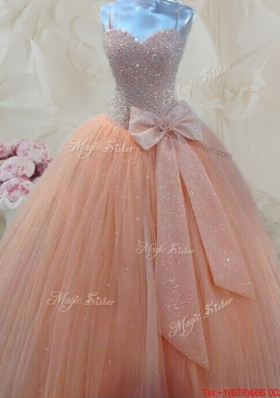 Lovely Beaded and Bowknot Peach Quinceanera Gown with Spaghetti Straps
