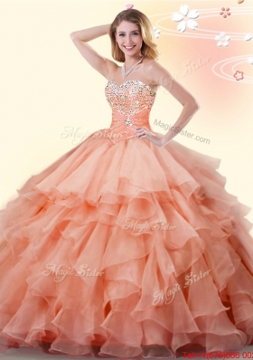 Low Price Beaded and Ruffled Orange Quinceanera Dress in Organza