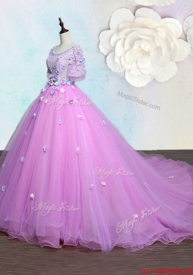 Luxurious Court Train Scoop Lilac Quinceanera Gown with Appliques