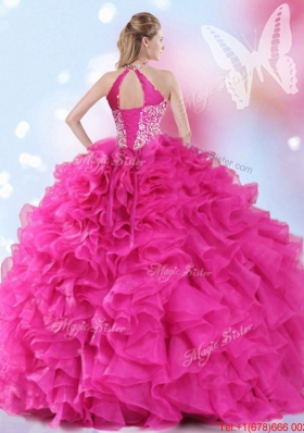 Luxurious Halter Top Beaded and Ruffled Hot Pink Quinceanera Gown