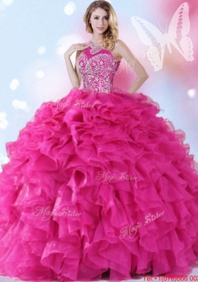 Luxurious Halter Top Beaded and Ruffled Hot Pink Quinceanera Gown