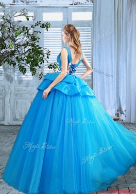 New Arrivals Scoop Applique and Handcrafted Flowers Quinceanera Gown in Blue