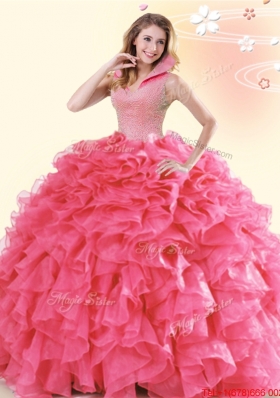 Perfect High Neck Ruffled and Beaded Coral Red Quinceanera Dress in Organza